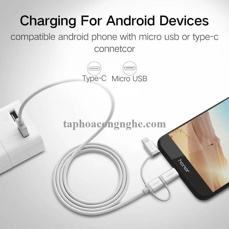 Ugreen 30460 0.5M màu Trắng Cáp sạc đa năng USB sang TypeC + Micro + Lightning US186 30030460